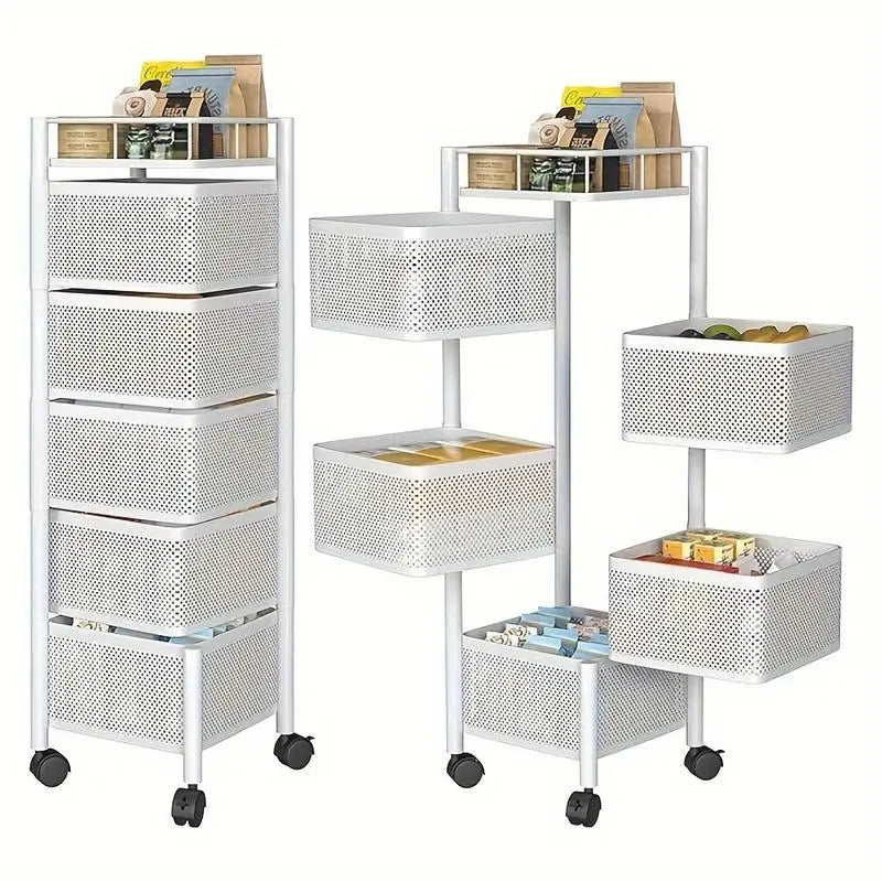 5 Tier Rotating Kitchen Storage Shelf - Metal Fruit & Vegetable Rack, Multi-Layer Trolley on Wheels