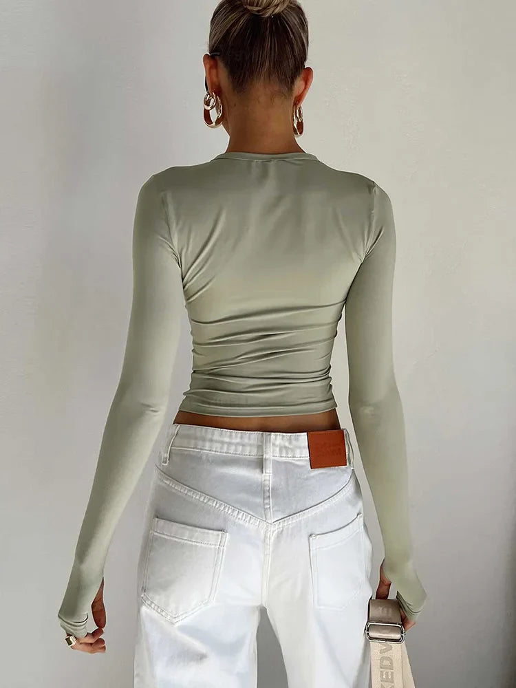 Women’s Slim Fit Long Sleeve Crop Top – Crew Neck Thumb Hole T-Shirt, Solid Streetwear Basic Summer Camis Top