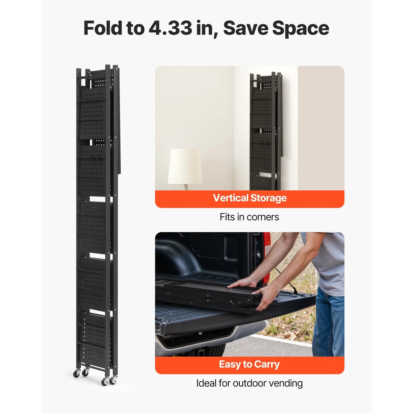 SucceBuy 3-6 Tier Black Foldable Storage Shelf — Wheeled Metal Rack Organizer for Kitchen & Garage