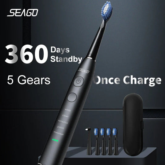Seago SG-575 Sonic Electric Toothbrush – USB Rechargeable Adult Toothbrush with 4 Replacement Heads, Travel Case & 360-Day Battery Life, IPX7 Waterproof