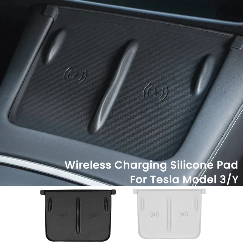 Tesla Model 3/Y Wireless Charging Pad – Silicone Carbon Fiber Central Control Charger Protector, Non-Slip Mat Accessory