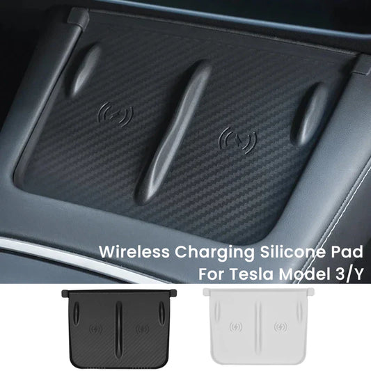 Tesla Model 3/Y Wireless Charging Pad – Silicone Carbon Fiber Central Control Charger Protector, Non-Slip Mat Accessory
