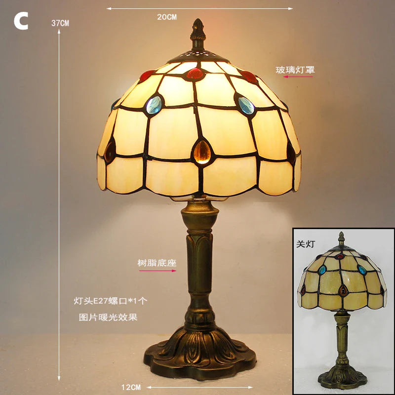 Retro Stained Glass Table Lamp – Colorful E27 Art Lampshade, Mediterranean Baroque Style Bedside Bedroom Décor Light