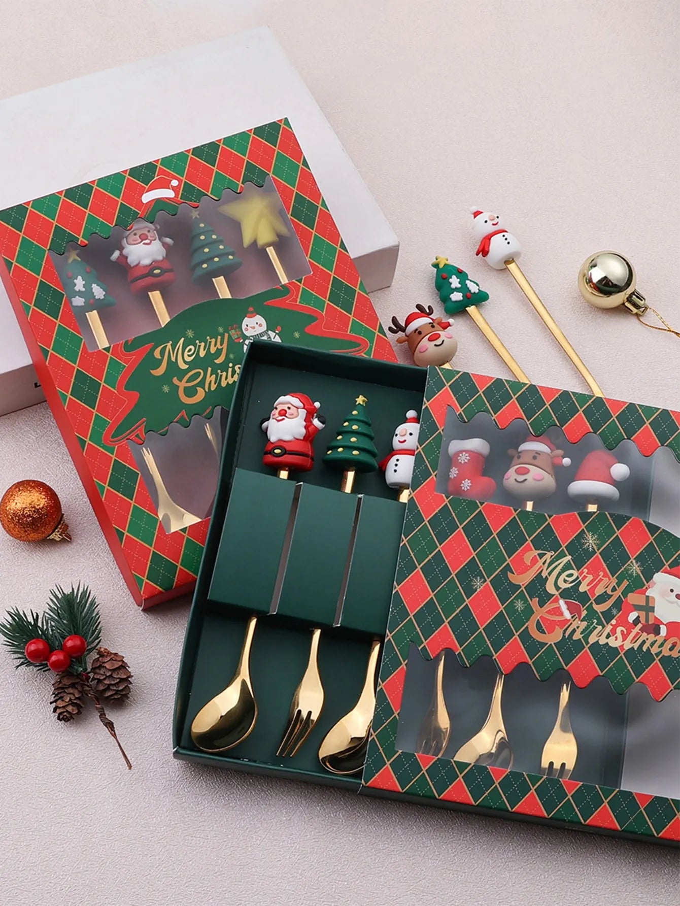 Leeseph Christmas Coffee Spoons and Forks Set - Stainless Steel Holiday Gifts for Kids (Red/Green Gift Box Set) - Available in 4 or 6 Pieces
