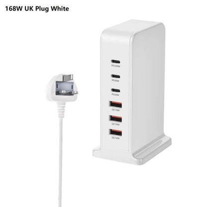 200W GaN Desktop Quick Charger - 168W PD, 6-Port USB Type C with USA, EU, AUS, UK Plug Adapters for Mobile Phones and Laptops