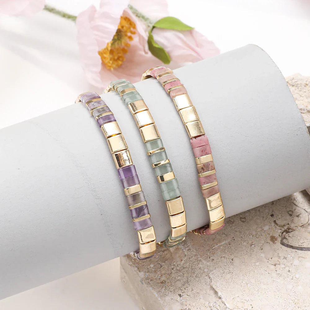 ZMZY Stone Tila Beads Elastic Bracelet for Women – 2025 Fashion Colorful Rainbow Miyuki Tile Bead Jewelry Gift Bracelet