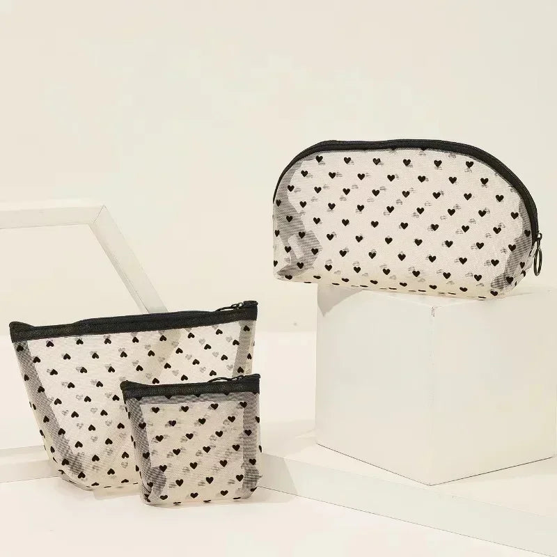 Nylon Mesh Heart-Shaped Cosmetic Bag — Zipper Toiletry & Makeup Organizer Pouch for Women, Multifunctional Lipstick, Key, and Coin Purse