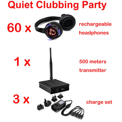 Silent Disco Complete System – Black LED Wireless Headphones Bundle with 5 Headsets & 1/2/3 Transmitters for Quiet Parties