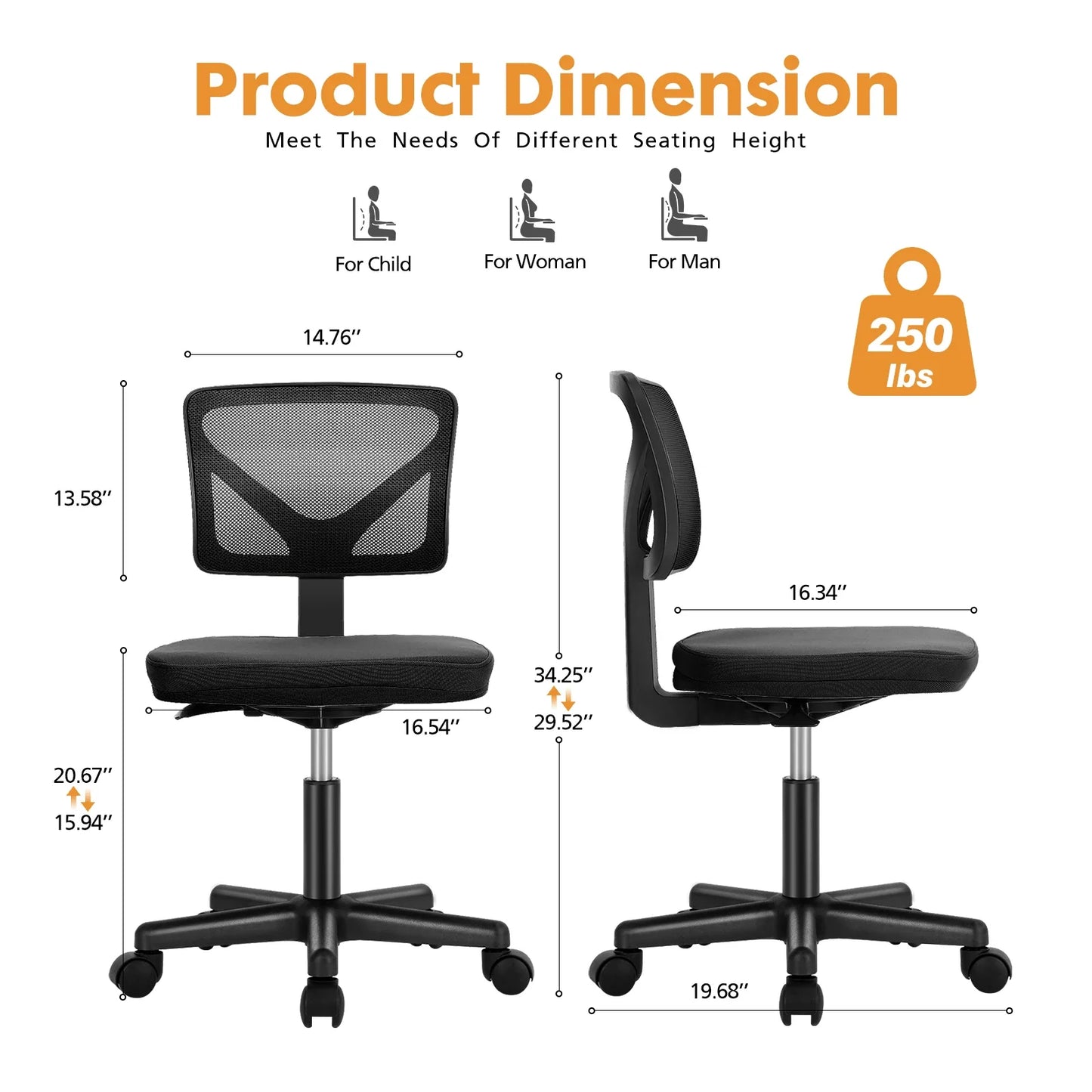 Mesh Armless Office Chair – Low Back with Lumbar Support, Adjustable Height, 360° Swivel & Wheels
