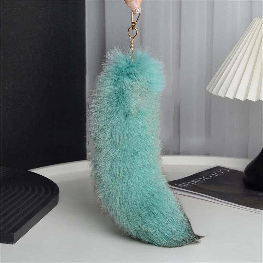 Natural Fox Fur Tail Keychain – 40cm Furry Racoon Bag Charm & Fluffy Keyring Accessory for Women