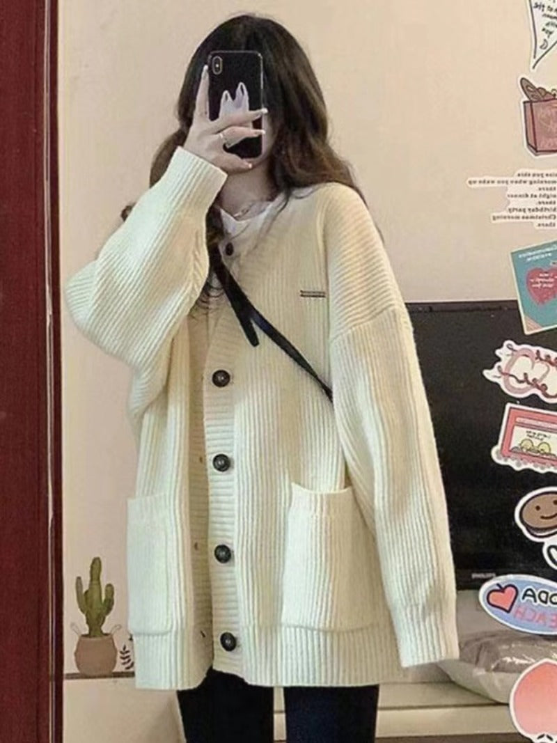 Autumn Winter Women’s Cardigan Sweater Coat – Fashion Long Sleeve V-Neck, Loose Fit Knitted Jacket, Casual Sweater Cardigan