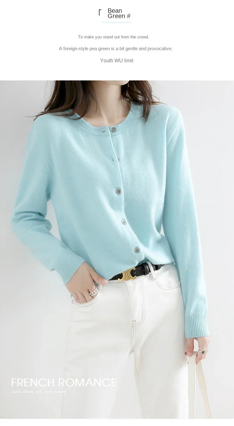 Women’s Solid Color Knit Cardigan - Spring Autumn Round Neck Worsted Sweater ZD-021