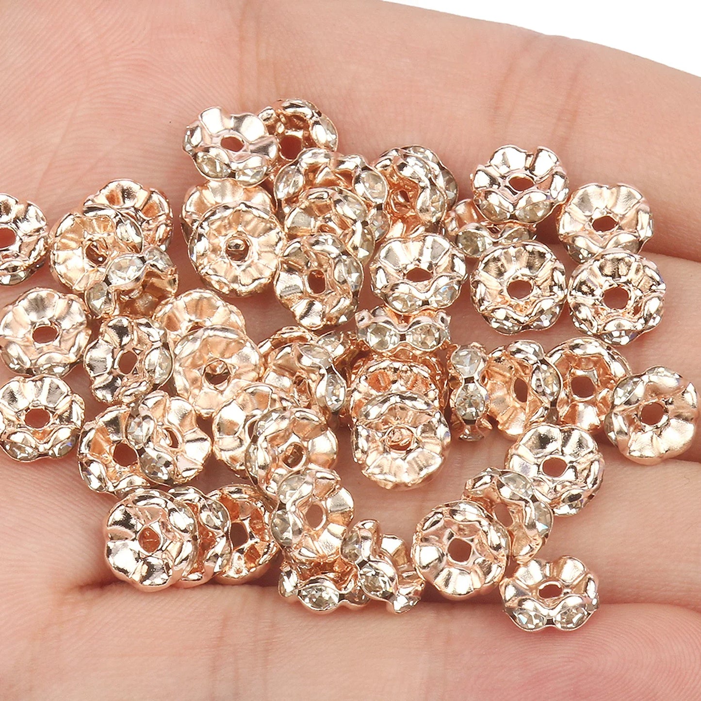 50PCS Rhinestone Spacer Beads Set – Multi-Color Crystal Rondelle Metal Beads for DIY Jewelry & Bracelet Making