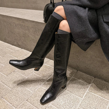 Women’s Genuine Leather Knee-High Boots – 5.5cm Thin Heel, Square Toe Slip-On Autumn Long Boots
