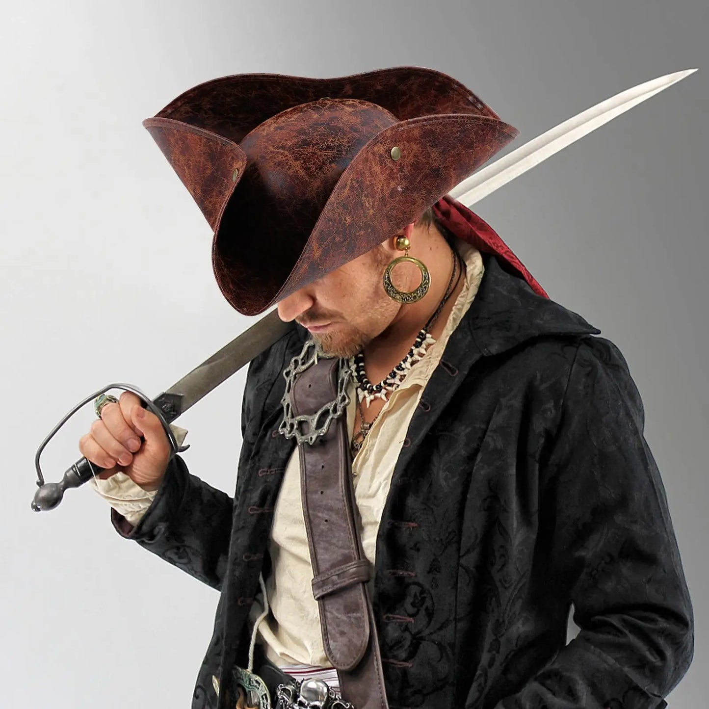 Brown Faux Leather Triangle Pirate Hat – Adult Cosplay Costume Accessory