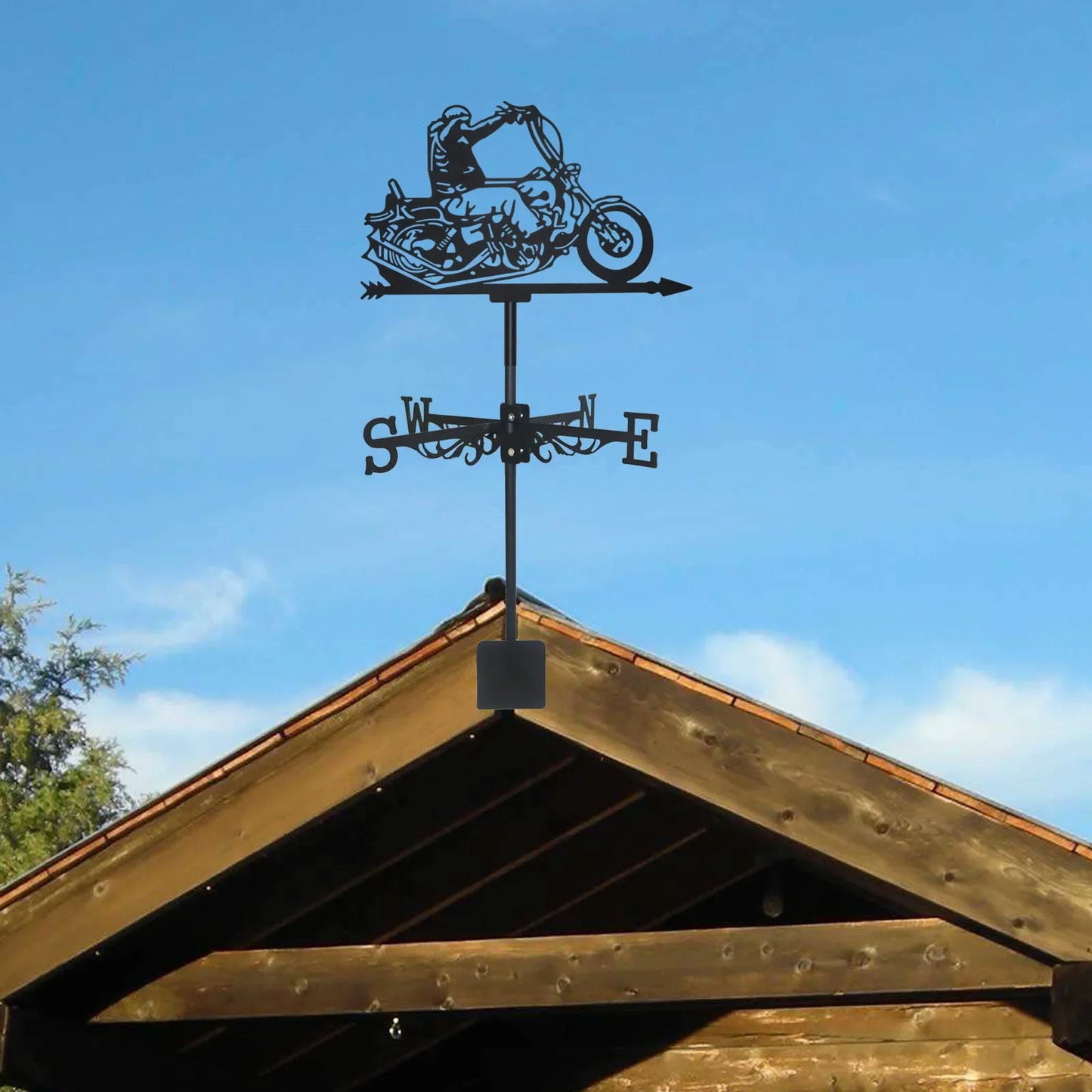 Motorcyclist Weathervane: Black Metal Silhouette Art, Motorcycle-Themed Wind Vane for Outdoor Garden, Roof, and Yard Decor