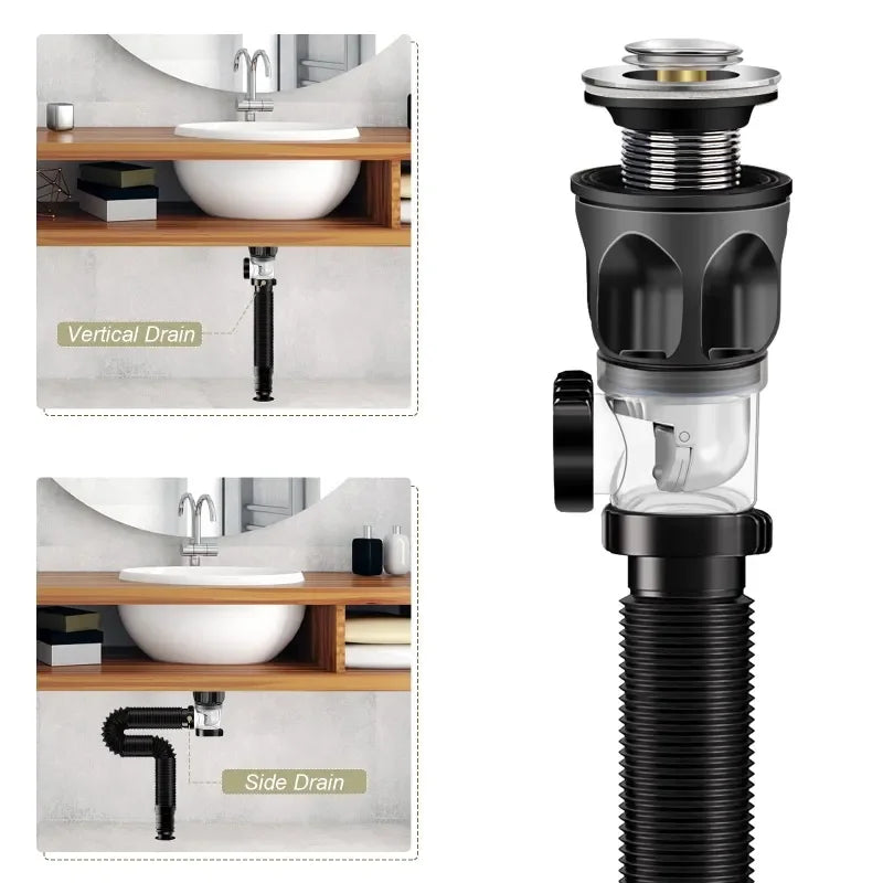 Flip-Top Kitchen Sink Drain - Retractable Deodorizing Filter - Flexible Downspout for Bathroom Sink - Anti-Clogging Kitchen Accessories