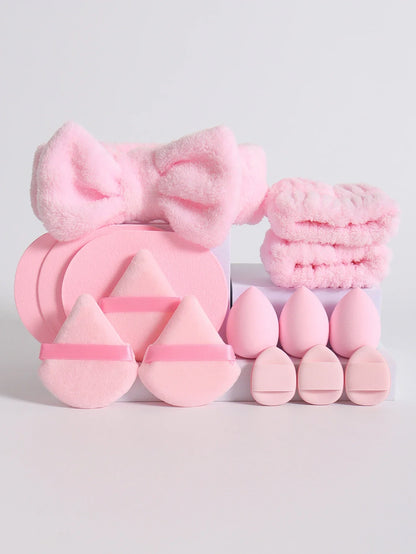 15Pcs Multi-Colored Fluffy Headband & Makeup Sponge Set - Sweet Style Beauty Essentials
