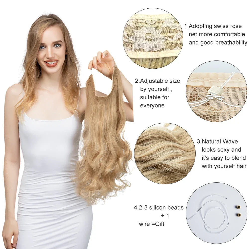 Synthetic Ombre Hair Extension - One Piece Invisible Wire Long Wavy Clipless False Hairpiece Black Blonde Pink