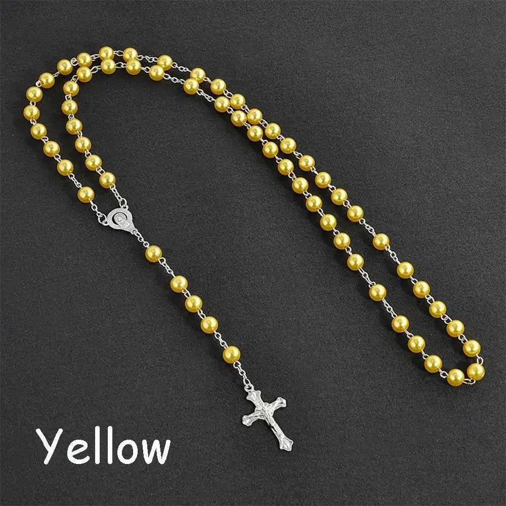 Vintage Cross Rosary Necklace – Fashion Beaded Chain with Jesus Crucifix & Virgin Mary Pendant Religious Jewelry for Men & Women