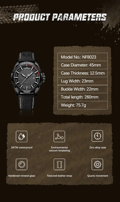 NAVIFORCE Men's Quartz Watch — Fashion Leather Strap Sport Waterproof Wristwatch with Calendar