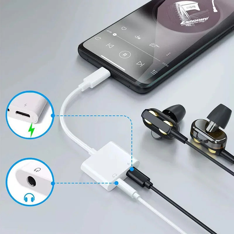 2-in-1 USB-C to 3.5mm Audio Adapter — Dual Type-C Jack Charging & Aux Cable for Samsung, Xiaomi Wired Earphones