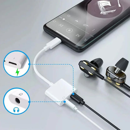 2-in-1 USB-C to 3.5mm Audio Adapter — Dual Type-C Jack Charging & Aux Cable for Samsung, Xiaomi Wired Earphones