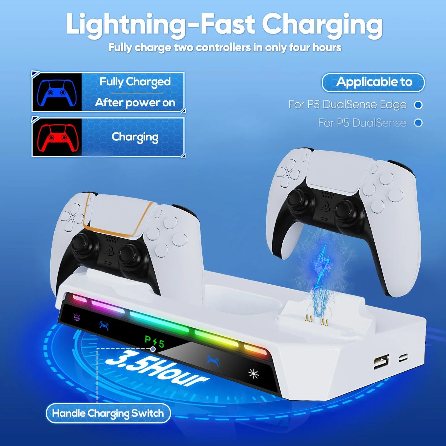 PS5/PS5 Pro/Slim Wall Mount Kit – RGB Light Stand with Charging Station & Headset Hanger for Dual Controllers