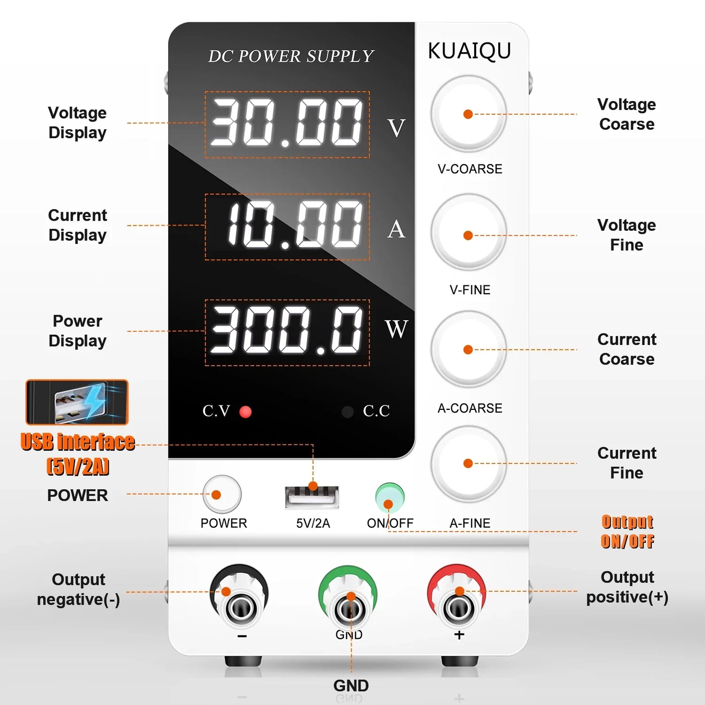 KUAIQU Adjustable DC Power Supply – Lab Bench 30V 10A, 60V 5A, 120V 3A with Preset Current & USB Interface