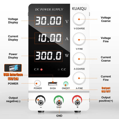 KUAIQU Adjustable DC Power Supply – Lab Bench 30V 10A, 60V 5A, 120V 3A with Preset Current & USB Interface