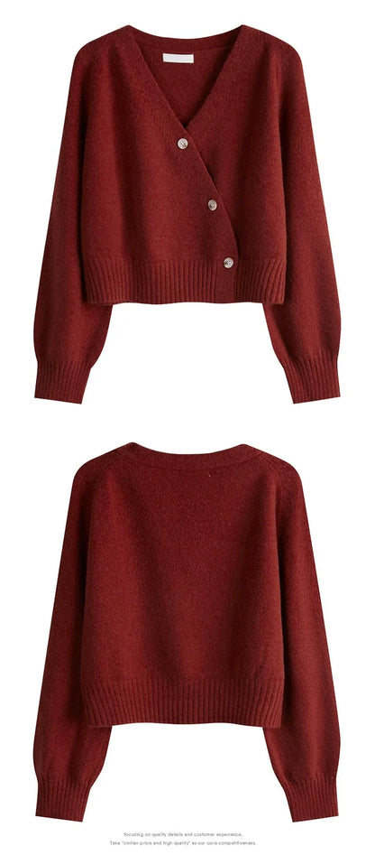 Korean Women's Autumn Winter Knitted Cardigan – Diagonal V-Neck Long Sleeve Single-Breasted Sweater