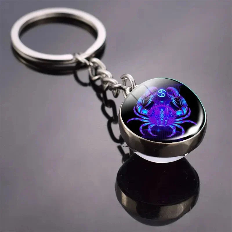 S12 Constellation Keychain – Luminous Double-Sided Zodiac Glass Ball Pendant for Men & Women
