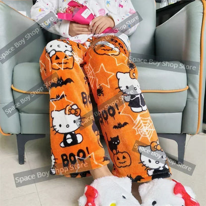 Thick Hello Kitty Fleece Pajama Pants – Soft Double Elastic Anime Trousers for Women, Cute Sanrio Birthday Gift