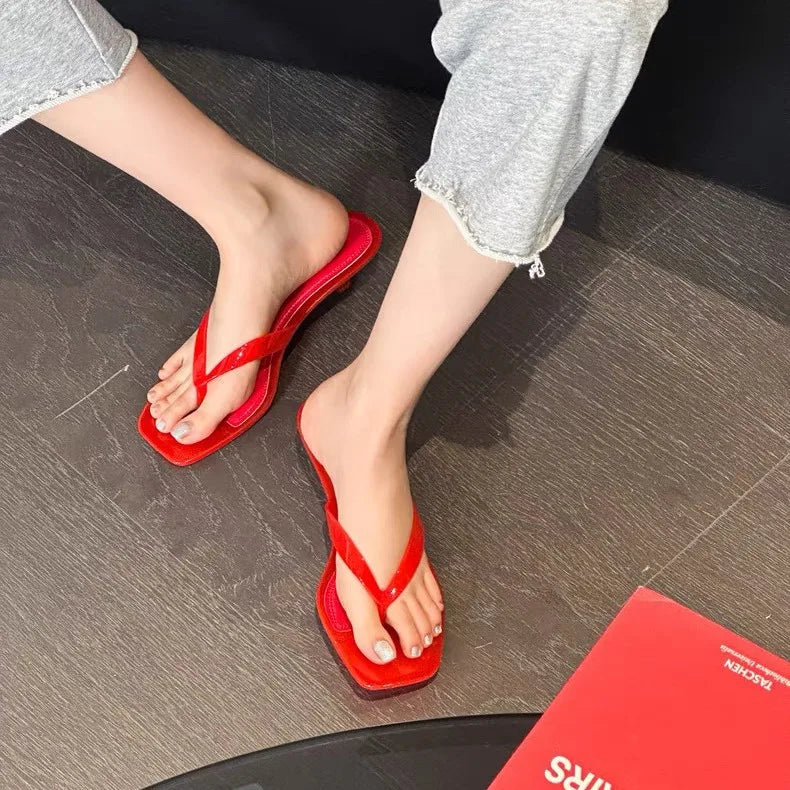Women’s Crystal Jelly Slippers - Low Glass Heel Square Toe Summer Beach Sandals