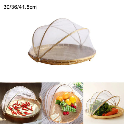 Bamboo Woven Basket with Anti-Mosquito Net – Portable Outdoor Fruit & Vegetable Tray with Mesh Cover