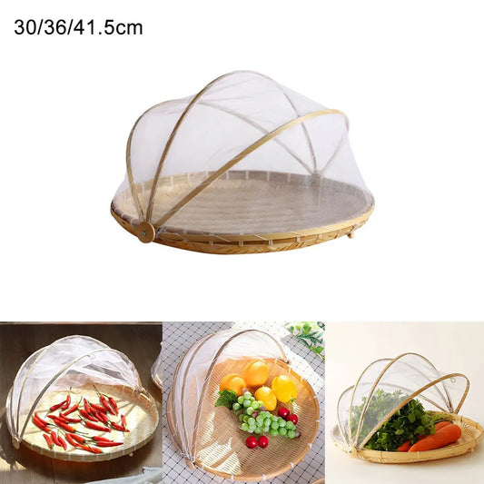 Bamboo Woven Basket with Anti-Mosquito Net – Portable Outdoor Fruit & Vegetable Tray with Mesh Cover