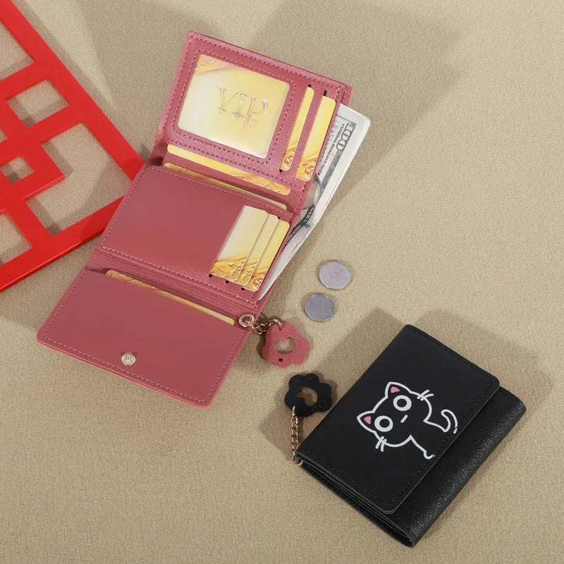 2023 New Cat-Themed Mini Wallet for Women - Cute and Fashionable Short Fold Design with Personalized Student Style