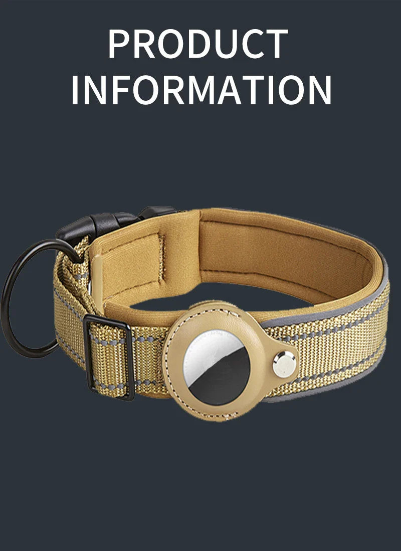 Reflective Heavy-Duty Dog Collar with Adjustable AirTag Holder — For Small, Medium & Large Dogs