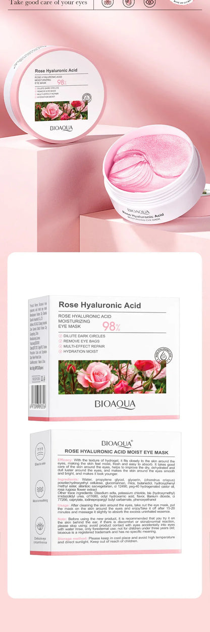 60PCS BIOAQUA Rose Hyaluronic Acid Eye Masks – Anti-Dark Circles, Eye Bags, Moisturizing & Firming Skincare Patches