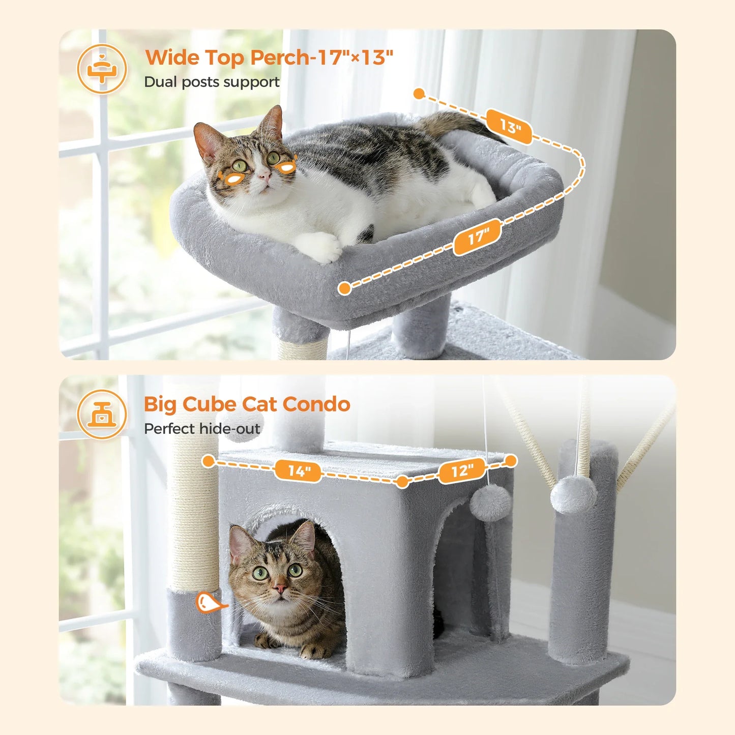 Large Cat Tree Tower – Multi-Level Plush Indoor Cat Condo with Scratching Posts, Boards, Perches & Caves