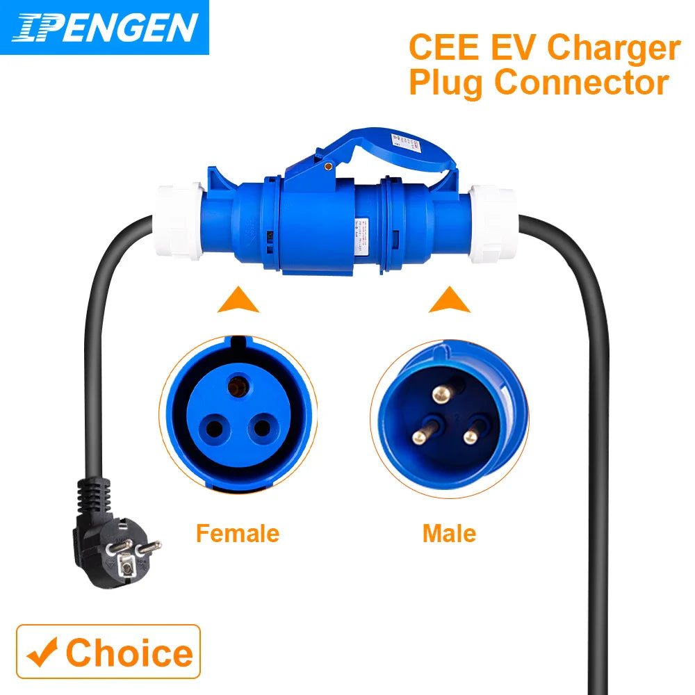 IPENGEN EV Charger CEE 3-Pin Female Plug Adapter – Waterproof Wall-Mount Socket for 32A 1-Phase 7KW Connection