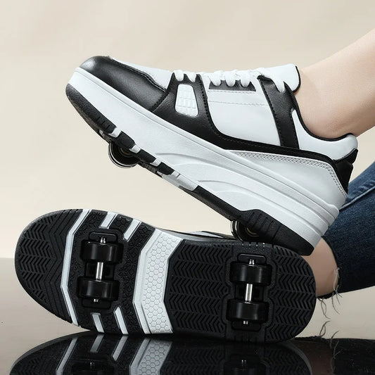 Four-Wheel Roller Shoes for Boys & Girls – Casual Outdoor Sports Sneakers with Pulleys, Slide & Shrink School Walking Shoes
