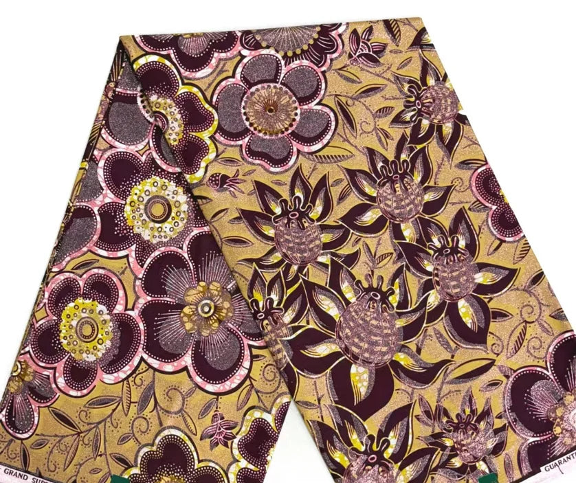 African Golden Glitter Wax Fabric - Soft Cotton Ankara Gold Print Batik 6 Yards