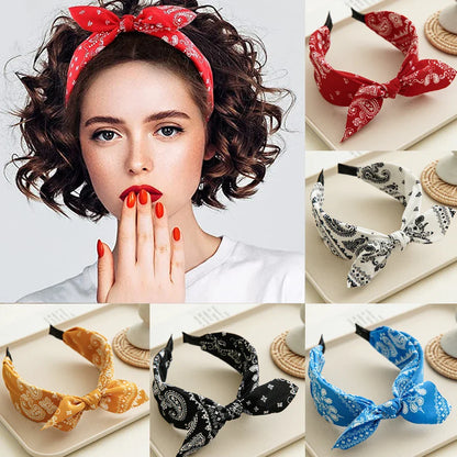 Fashion Paisley Bandana Headband — Knotted Bow Rabbit Ear Turban Hairwrap for Women & Girls