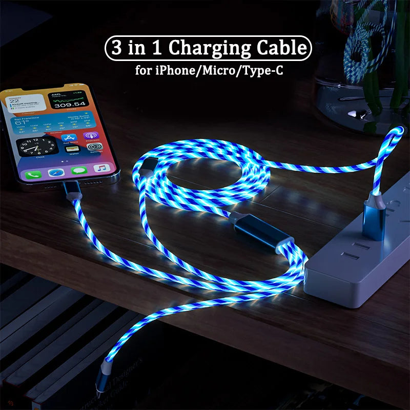 3-in-1 LED Glowing Charging Cable – 3A Micro USB & Type-C Flowing Streamer Cord for iPhone, Xiaomi & Huawei