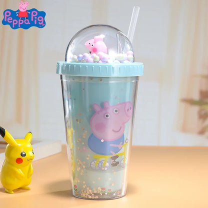 450ML Peppa Pig Plastic Water Bottle – Double-Layer Tumbler with Straw, George Pig Design, Gift for Girls