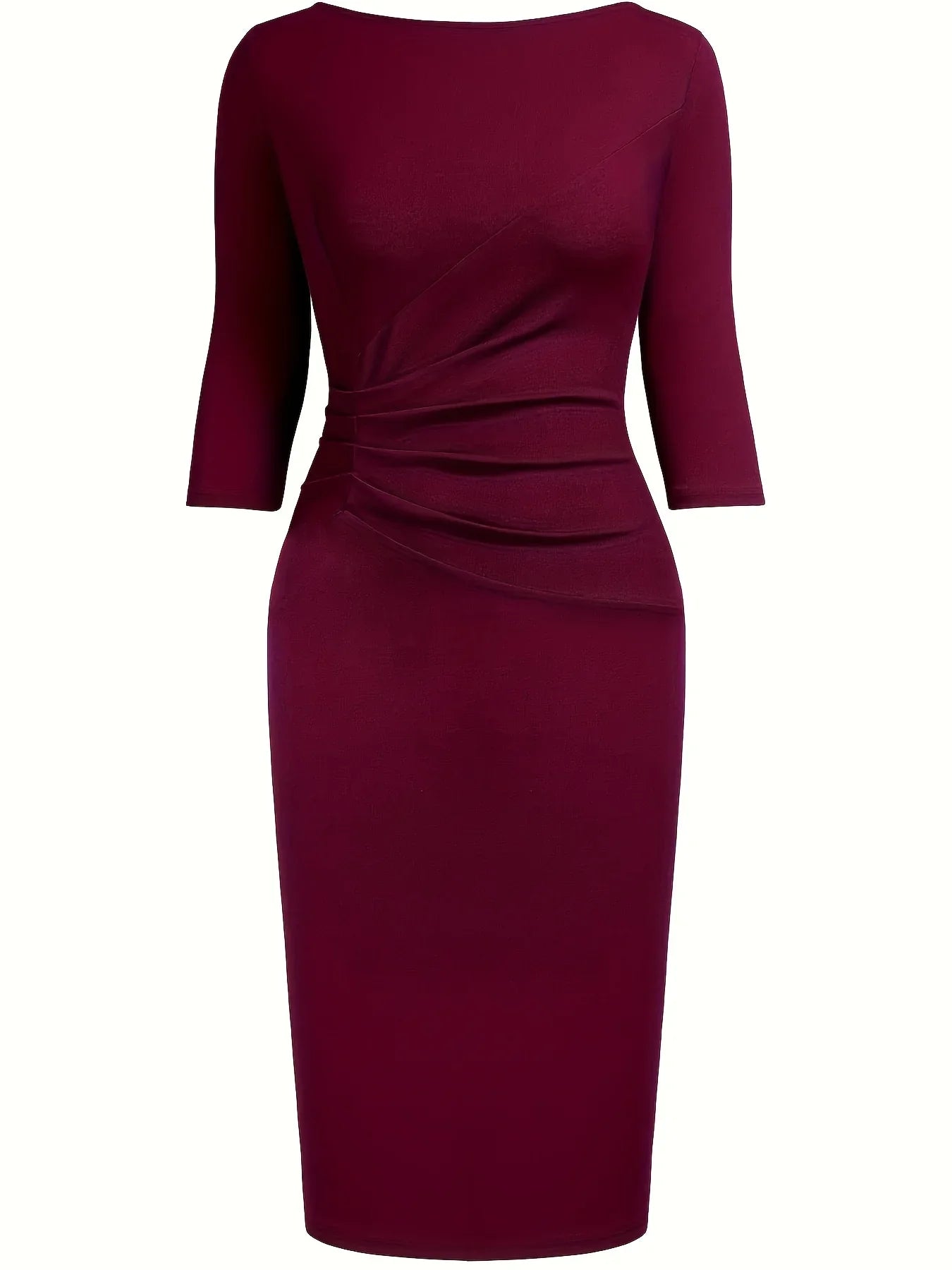 Women’s Elegant Bodycon Sheath Dress - 2/3 Sleeve Round Neck Knee Length Business Casual Office & Party Ruched Dress