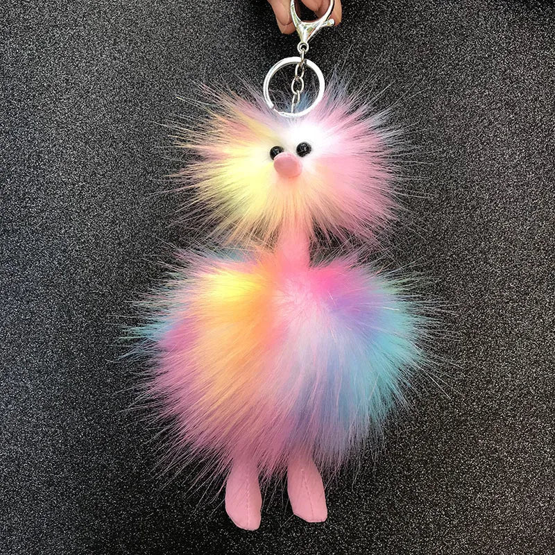 Cute Doll Ostrich Plush Pendant Keychain – Colorful Fur Ball Backpack Key Ring, Creative Gift for Women 2025 Xmas & New Year