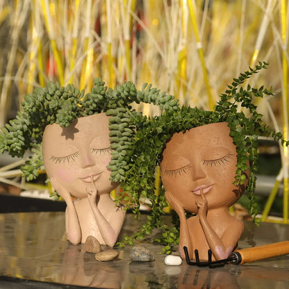 Resin Face Head Planter with Drain Holes - Succulent and Flower Pot Container, Ideal for Garden Decor and Tabletop Ornament
