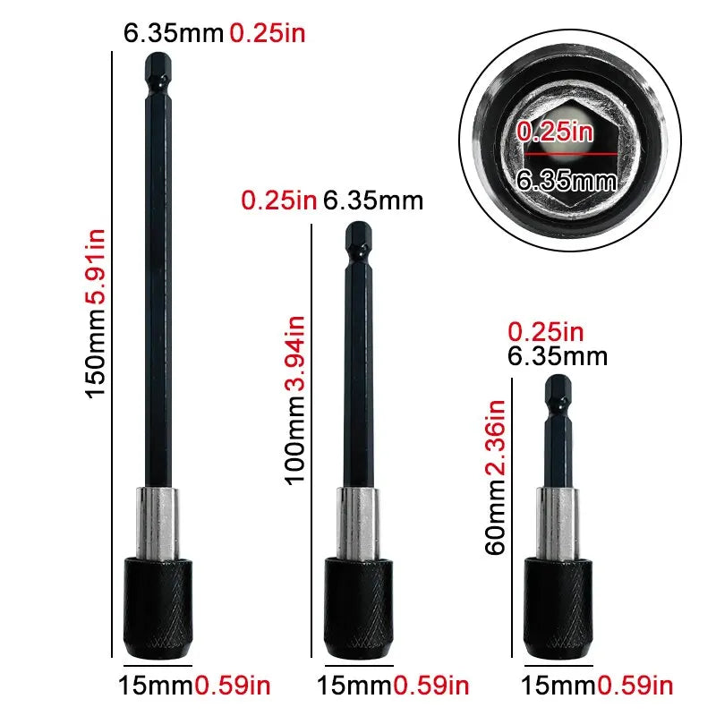 3PC Hexagonal Quick Release Self-locking Extension Rod Set - Electric Drill Driver Screwdriver Extension Tools